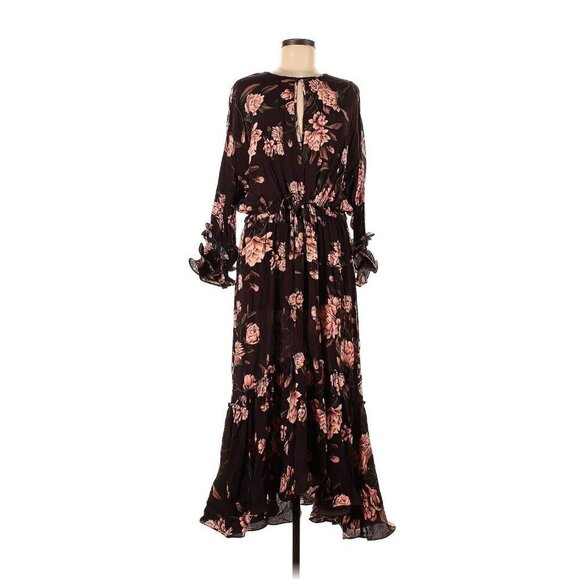 NWT Johanna Ortiz x H&M Creped Ruffled Midi in Dark Brown Wild Roses Dress S
